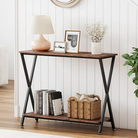 Industrial Narrow Console Table with Built-In Outlets, 2-Tier Entryway Table, 33.5”L, Rustic Brown