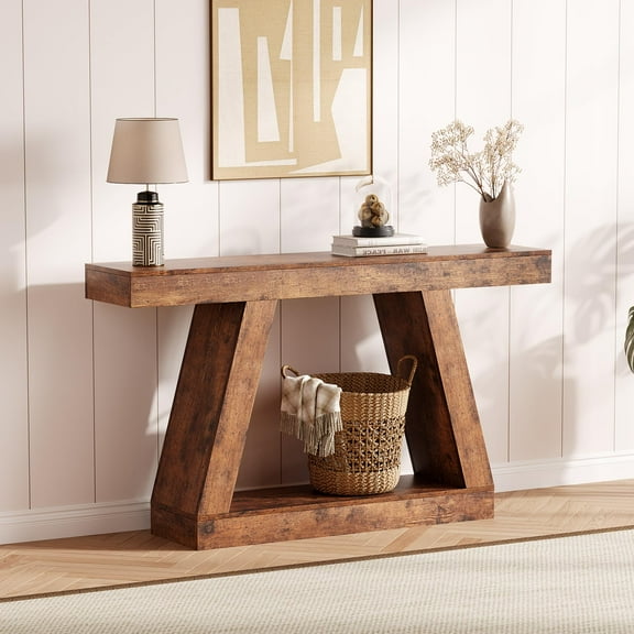 Industrial Narrow Entryway Table – Farmhouse Style 2-Tier Wood Console with Open Storage Shelf, Trapezium Legs, 55.1" Length for Hallway, Living Room, Entrance
