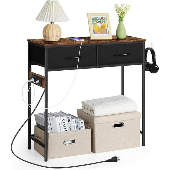 Industrial Narrow Sofa Table w/Charging Station,Small Console Table for Entryway