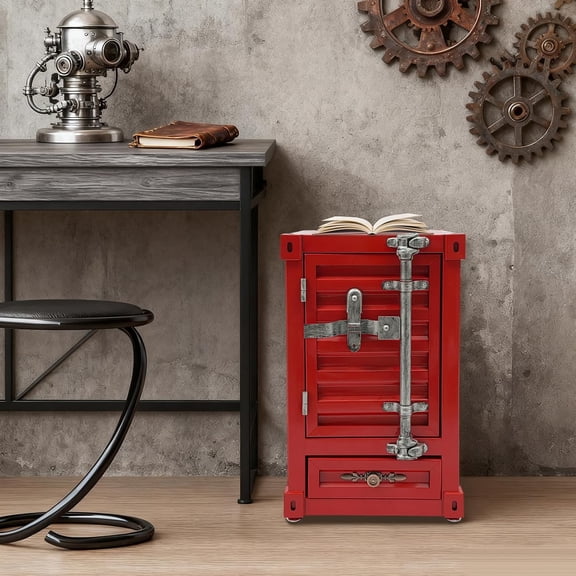 Industrial Nightstand with Combination Lock, Container Style Metal Side Table  Steel Bedside Table with Drawer & Storage Shelf  for Living Room, Bedroom, Office  Red
