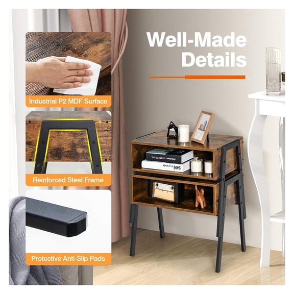 Industrial Nightstand Set of 1, Stackable Side Table with Steel Frame & Open Compartments, End Table for Small Spaces, Accent Furniture for Bedroom & Study, Rustic Brown