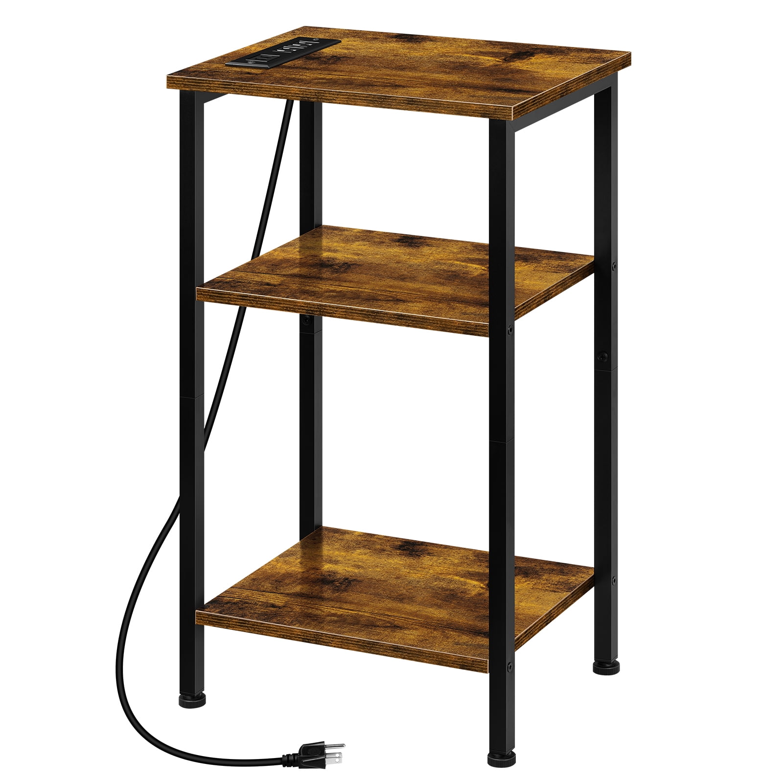 Industrial Nightstand with Charging Station, 3鈥慣ier Open Shelf End Table with 2 AC Outlets & 2 USB Ports, Single Pack