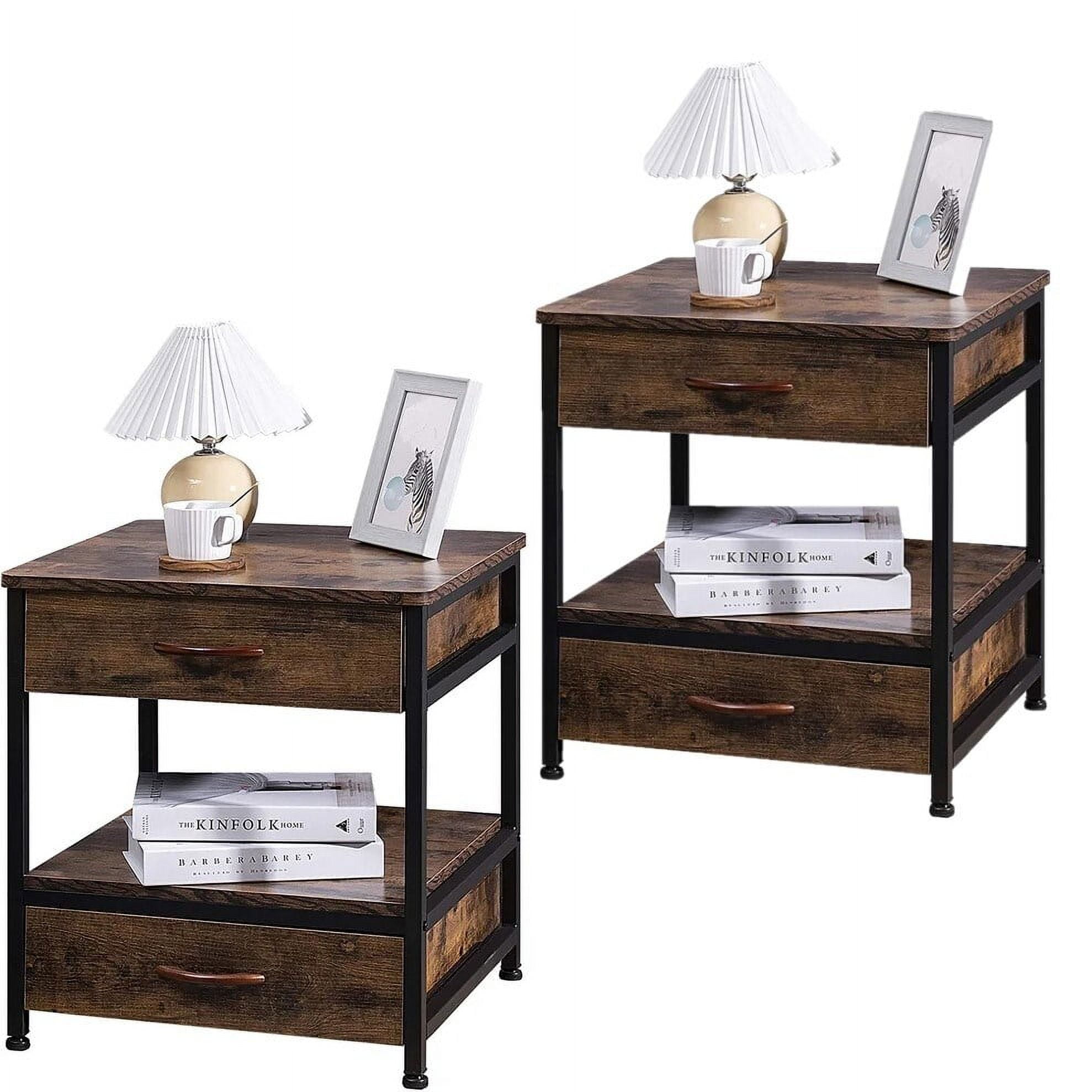 Industrial Nightstands,Square End Side Table for Storage with 2Drawer &Open Shelf Retro Brown