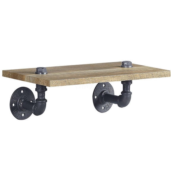 Industrial Oak and Sandy Black Wall Shelf, Single Tier Floating Shelf with Metal Pipe Frame for Home Decor, Wall Mounted Display Rack for Living Room, Kitchen, Bathroom