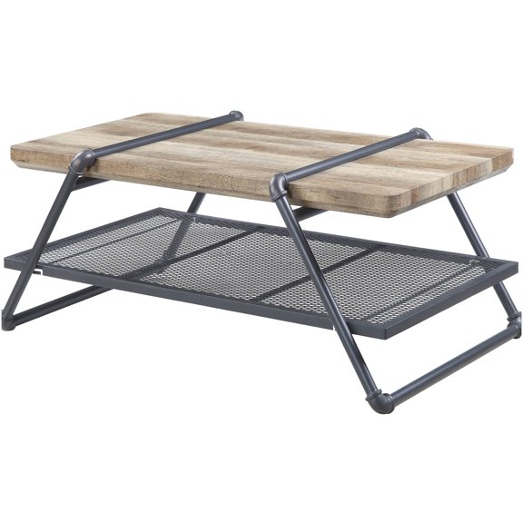 Industrial Oak and Sandy Grey Coffee Table with Metal Mesh Shelf for Living Room