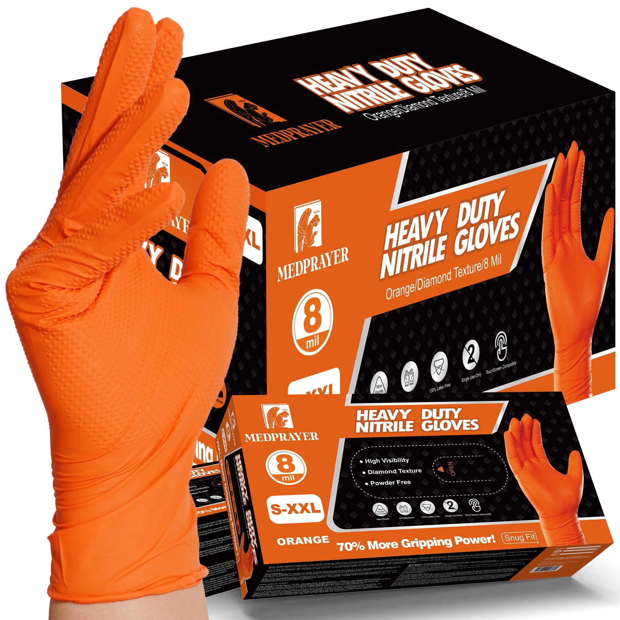 Industrial Orange Nitrile Gloves – Disposable Rubber Gloves 8 Mil – Raised Diamond Texture, Latex & Powder Free - Size Large, Pack of 1000