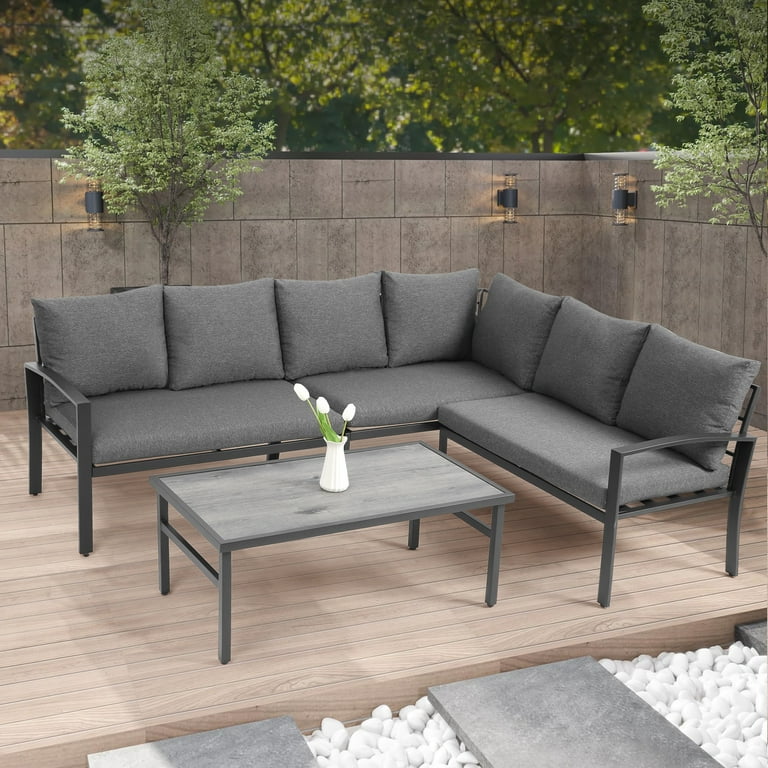 Segmart 4 Piece Outdoor Patio Conversation Sets Metal Furniture Sets with Thick Cushions and Wood Table Sectional Sofa for Porch Garden Backyard