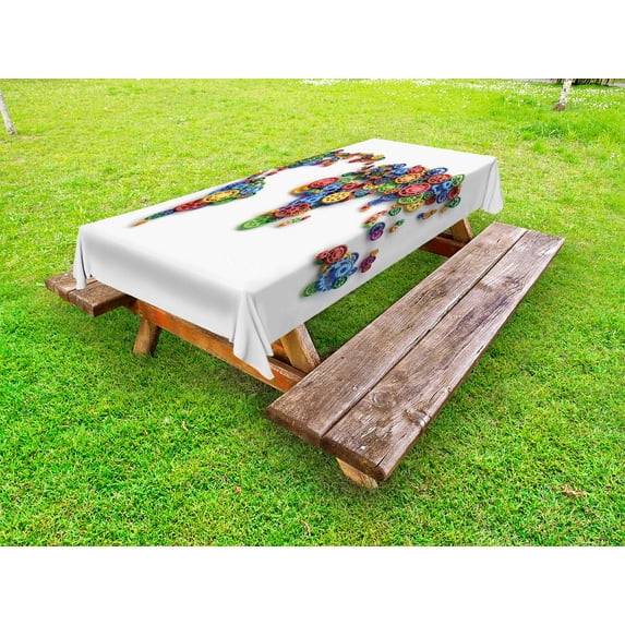 Industrial Outdoor Tablecloth, Map of the World Colorful Gears Design Global Economy Concept Artwork Print, Decorative Washable Fabric Picnic Tablecloth, 58 X 104 Inches, Multicolor, by Ambesonne