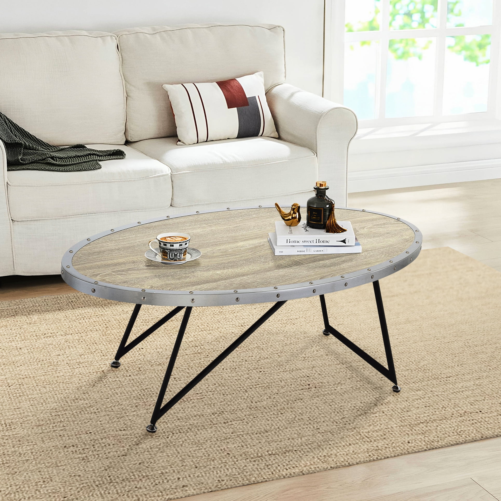 Industrial Oval Coffee Table With Weathered Grey Oak And Black Elements ...