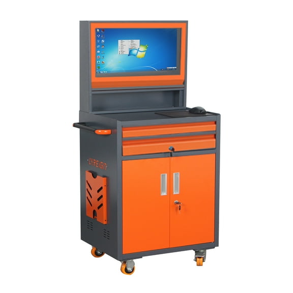 Industrial PC Cabinet Metal Computer Cabinet Industrial Mobile Security LCD Computer Cabinet Enclosure, gray orange, suitable for up to 27-inch monitors