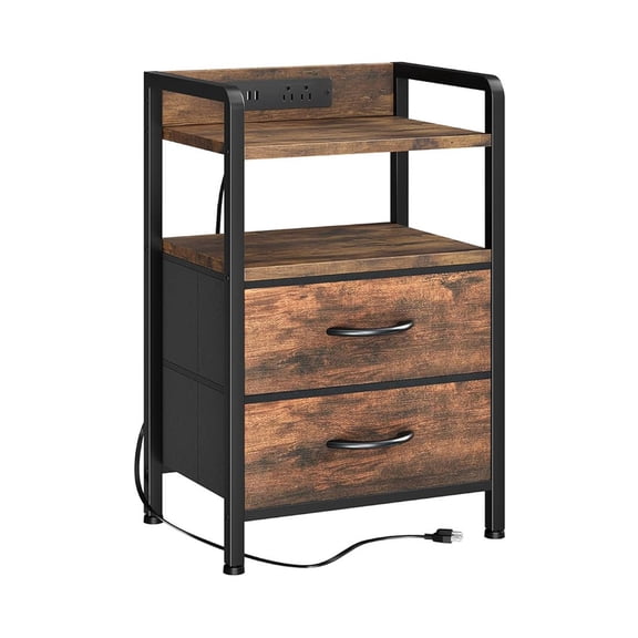 Industrial Patio Side Table with 2 Drawers, Fabric Storage Bins, Built-in Charging Station & LED Lights, End Table with Power Outlets and USB Ports for Outdoor, Patio, Garden Use