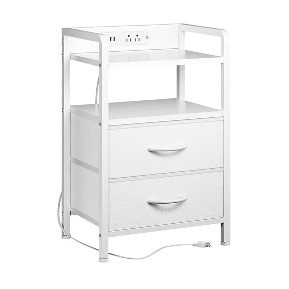 Industrial Patio Side Table with 2 Drawers, Fabric Storage Bins, Built-in Charging Station & LED Lights, End Table with Power Outlets and USB Ports for Outdoor, Patio, Garden Use