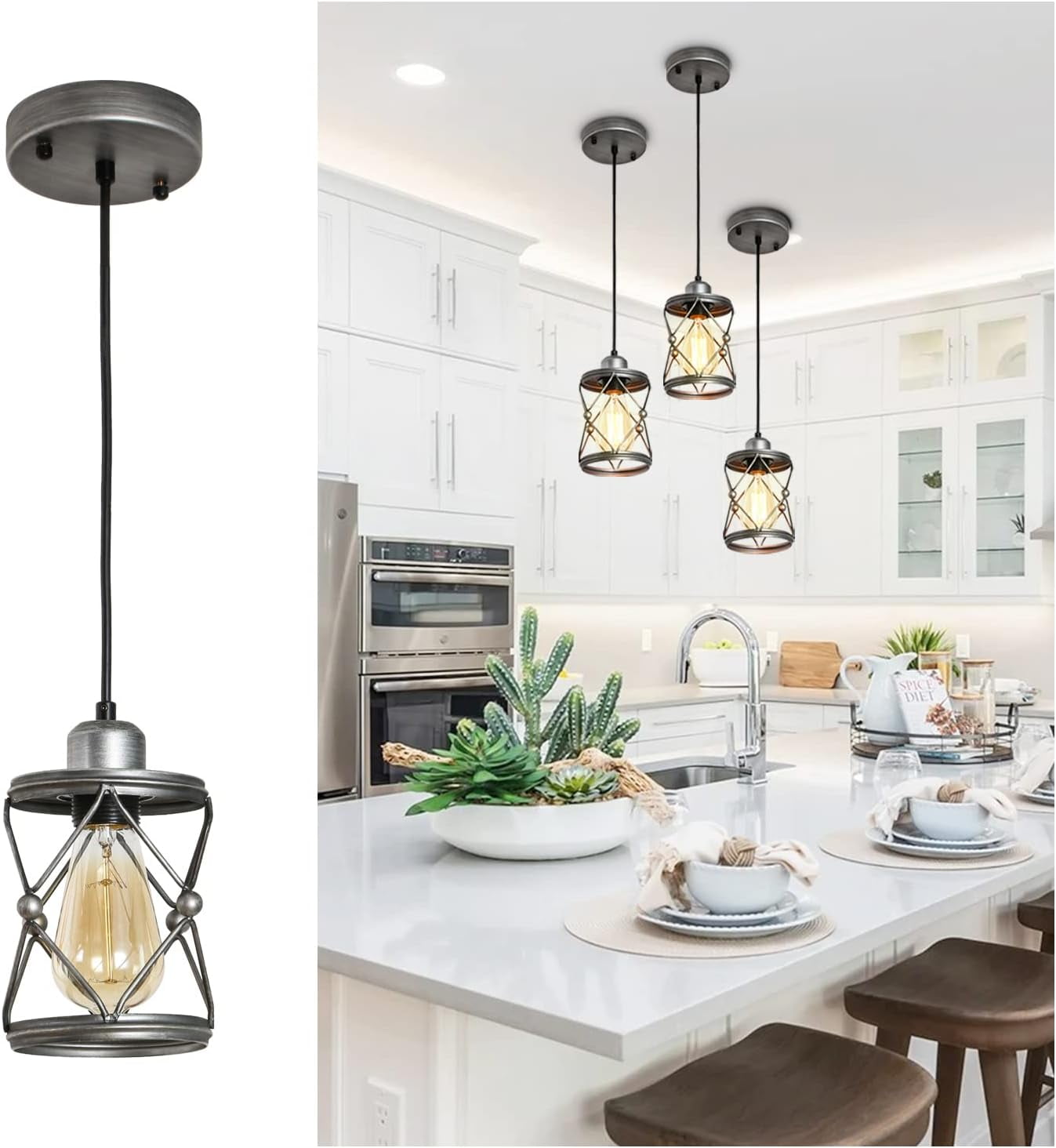 Industrial Pendant Lighting for Kitchen Island, Rustic Mini Cage Pendant Light, Farmhouse Pendant Lamp with Silver Grey for Dining Room, Hallway, Entryway, Bedroom