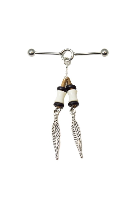 Industrial Piercing Barbell 14G with Rhodium Plated Feathers Dangle
