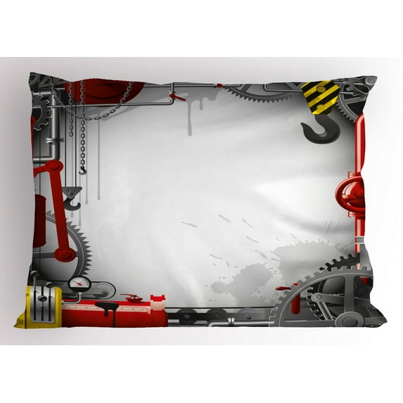 Industrial Pillow Sham Engineering Themed Gears Levers Pipes and Meters Flue Lifting Crane, Decorative Standard Size Printed Pillowcase, 26 X 20 Inches, Orange Grey Yellow, by Ambesonne