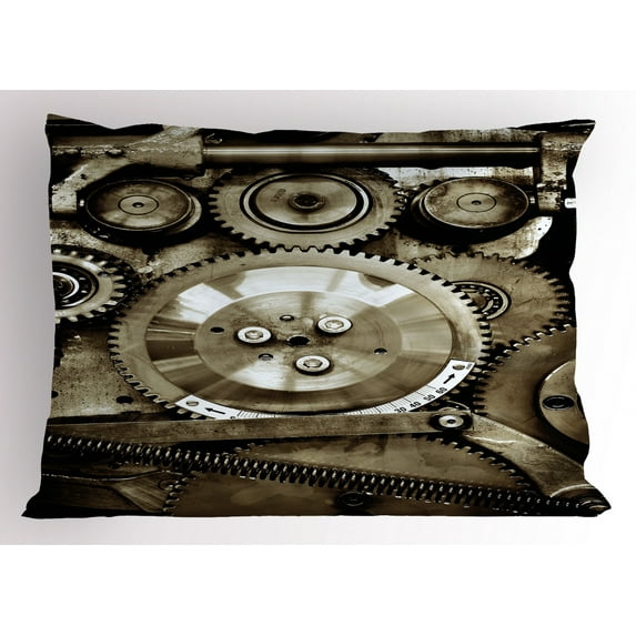 Industrial Pillow Sham Pieces of Old Mechanism Close Up Gears View Grunge Antique Cogs Technical Image Print, Decorative Standard Size Printed Pillowcase, 26 X 20 Inches, Sepia, by Ambesonne