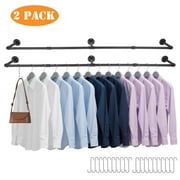 Industrial Pipe 72 L Clothes Rack with Hooks, Wall Mounted Heavy Duty Metal Retro Garment Display Hanging Rod Bar, Max Load 135lbs 2 Pack