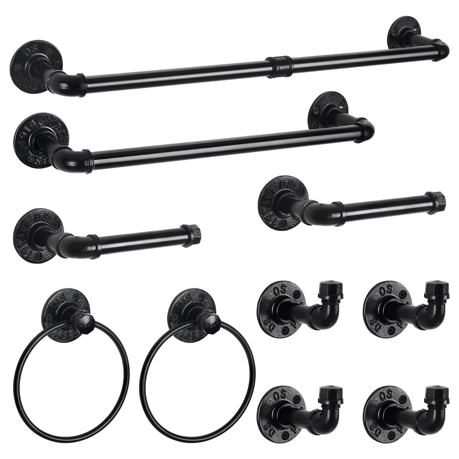 Industrial Pipe Bathroom Hardware Set, 10 - Piece Black Towel Bar ...