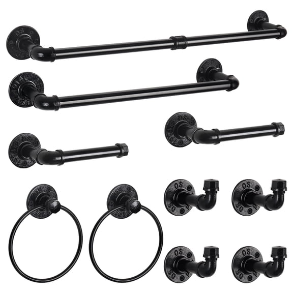 Industrial Pipe Bathroom Hardware Set, 10 - Piece Black Towel Bar, Towel Ring, Robe Hook Kit for Bathroom Decor