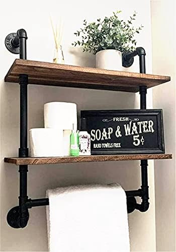 Industrial Pipe Bathroom Shelf,Rustic Wood Wall Mount Shelf with Towel ...