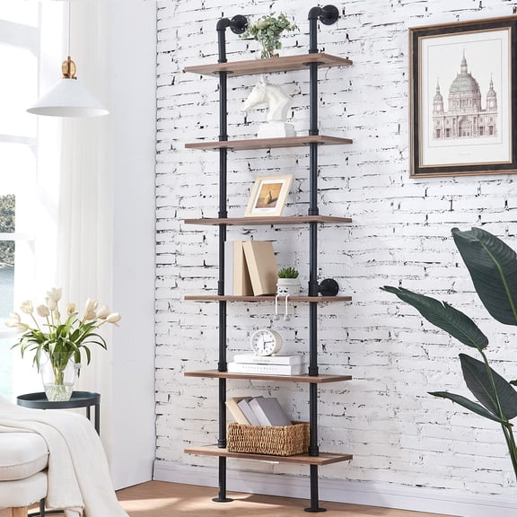 Industrial Pipe Bookshelf,6 Tier Pipe Shelving,Wall Mounted Ladder Shelves with Metal Frame for Home Office,Living Room,Oak Brown