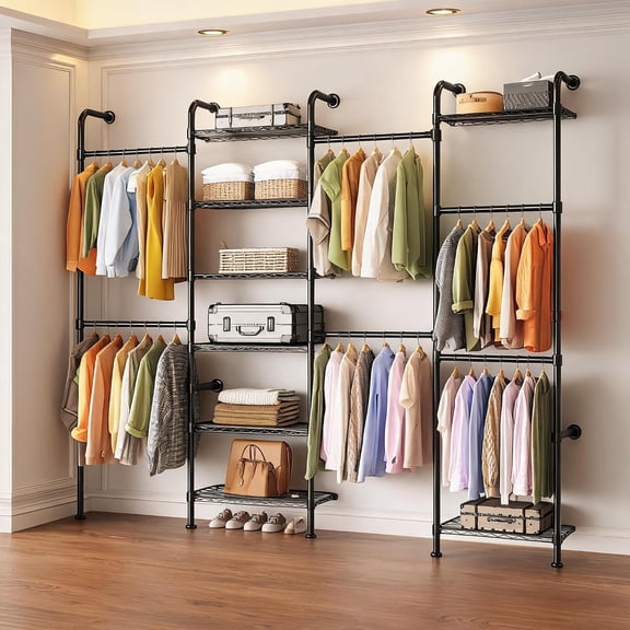 Industrial Pipe Closet System with 8 Wire Shelves, Wall Mounted Clothes Storage Rack with Expandable Rods for Closet Organization, Matte Black