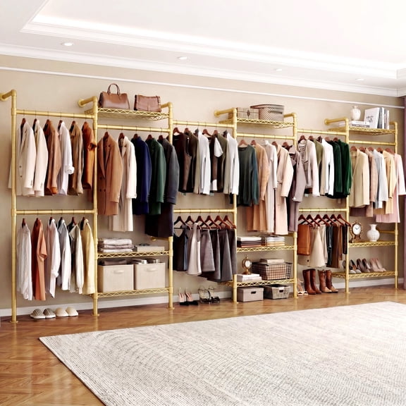 ROGALIS Industrial Pipe Cloth Rack, H6 Wall Mounted Closet System w/6 Telescopic Rods, Heavy Duty Closet Organizers and Storage in Wardrobe Closet w/3 Fixing Rods, 9 Shelves, Gold