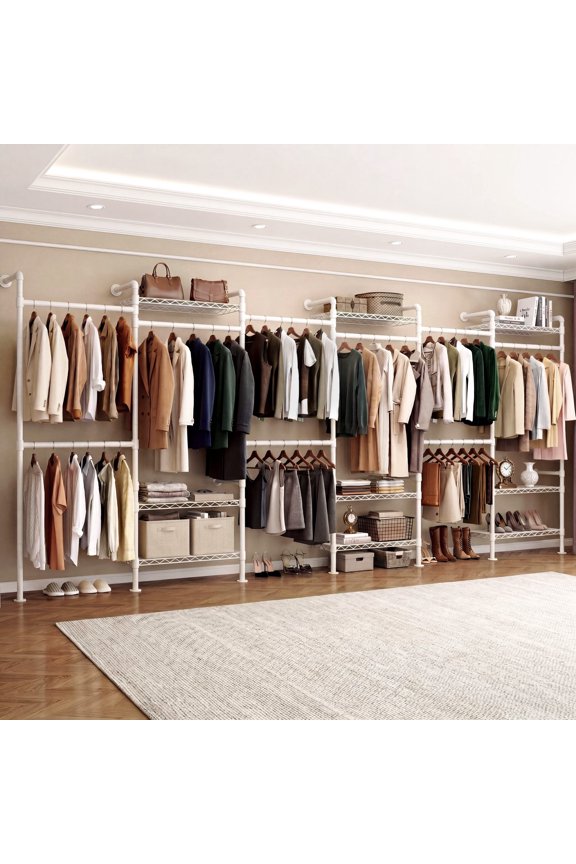 Industrial Pipe Cloth Rack, H6 Wall Mounted Closet System w/6 Telescopic Rods, Heavy Duty Closet Organizers and Storage in Wardrobe Closet w/3 Fixing Rods, 9 Shelves, White
