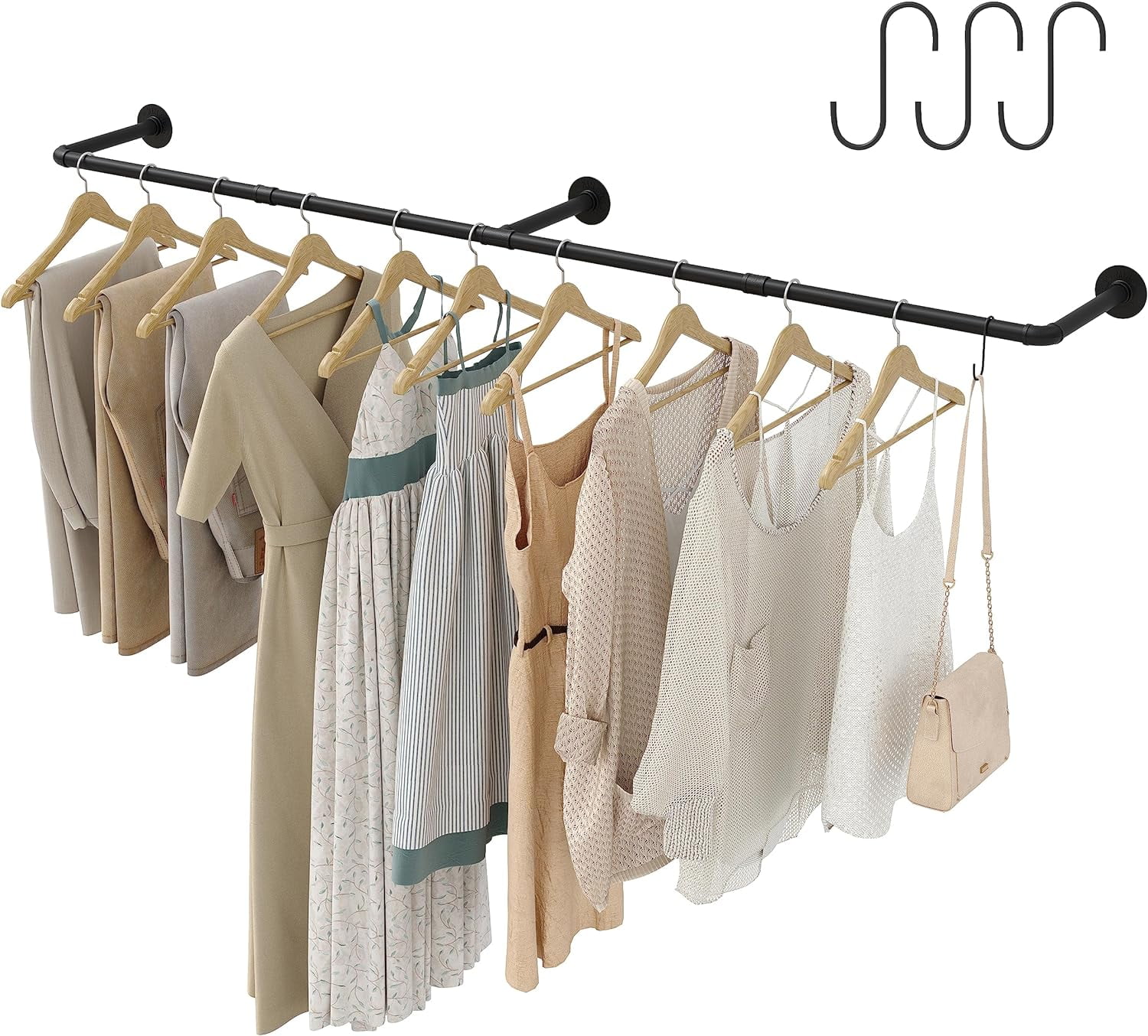 Industrial Black Iron Wall Mounted Clothes Rack with Hooks