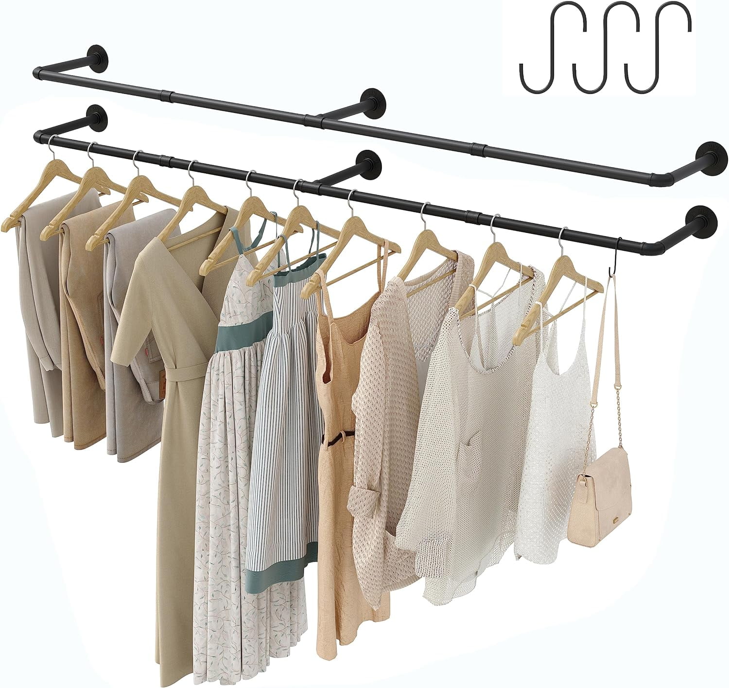 Industrial Pipe Clothes Rack with 3 S-shaped Hooks, 72’'L Wall Mounted ...