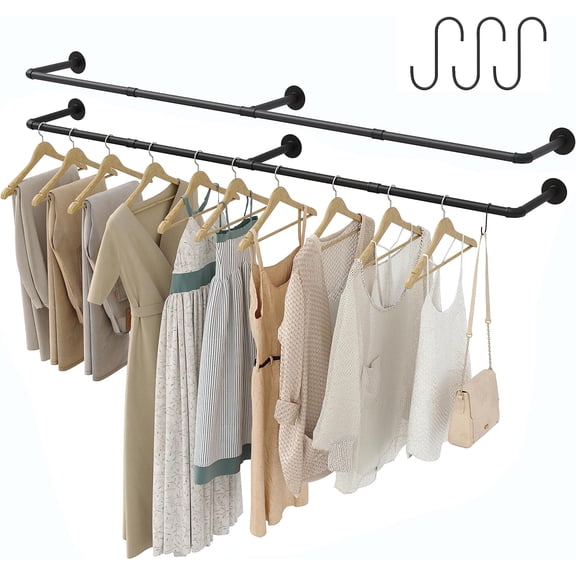 Industrial Pipe Clothes Rack with 3 S-shaped Hooks, 72’'L Wall Mounted Garment Rack, Heavy Duty Iron Garment Bar, Clothes Hanging Rod Bar for Laundry Room, Max Load 135Lb