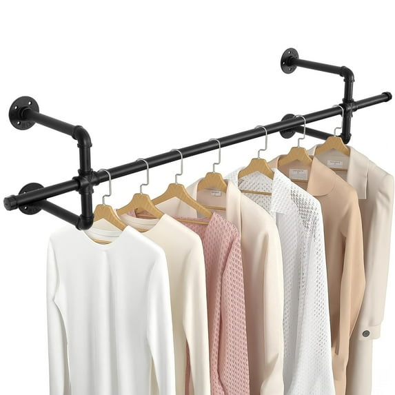 WOOW DEPOT Industrial Pipe Clothes Rack 54in Wall Mounted Heavy Duty Iron Rod Rustic Garment Clothing Hanging Bar for Entryway Laundry Room Closet