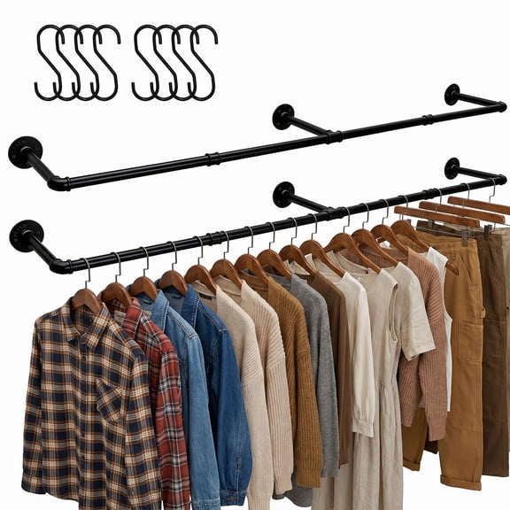 Industrial Pipe Clothes Rack 64.9 Inch, Wall Mounted Clothes Rack, Heavy Duty Black Iron Clothing Rack Wall Mount, Space Saving Garment Rack for Closet Storage, Laundry Room, Bedroom, 1 Pack