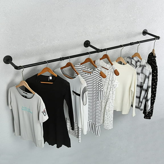 Industrial Pipe Clothes Rack, Heavy Duty 60inch Iron Garment Rack Wall Mounted, Metal Rustic Saving Space Clothes Bar Multi-Purpose Hanging Rod for Bedroom,Closet,Laundry Room and Plants hanging