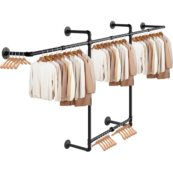 Industrial Pipe Clothes Rack, Heavy Duty Detachable Iron Garment Rack Wall Mounted, Rustic Saving Space Clothes Bar Multi-Purpose Hanging Rod for Bedroom, Closet, 2 Tier, Black (82 Inch)