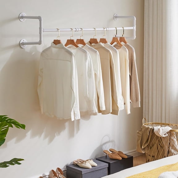 Industrial Pipe Clothes Rack Set of 2, 50 Inch Wall Mounted Clothing Rack, Heavy Duty Multi-Purpose Garment Rack for Laundry Room