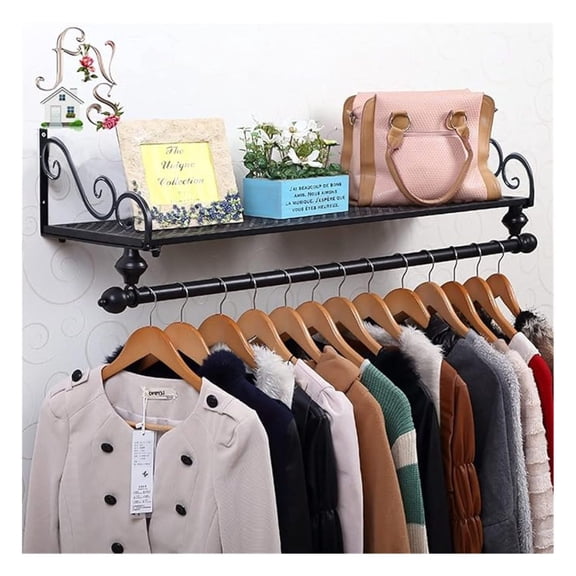 Industrial Pipe Clothes Rack with Top Shelf, 31in Industrial Pipe Wall Mounted Garment Rack, Space-Saving Display Hanging Clothes Rack, Heavy Duty Detachable