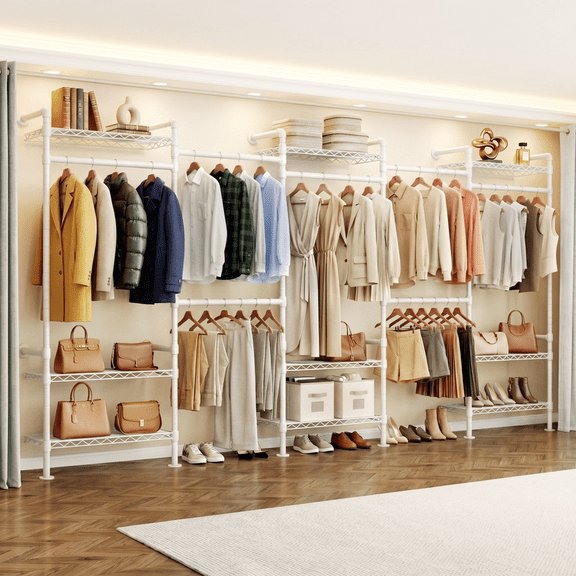 Industrial Pipe Clothes Rack, U5 Wall Mounted Closet System with 4 Telescopic Rods, 3 Fixing Rods & 9 Shelves, Heavy‑Duty Metal Closet Organizer and Storage for Wardrobe Bedroom Laundry Room, White