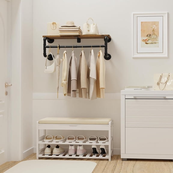 Industrial Pipe Clothes Rack with , Wall Mounted, Space Saving Hanger with 4 Bases, for Shops, Homes, 27.5''Lx10.2''Wx10.2''H, Rustic Brown, 1-Pack