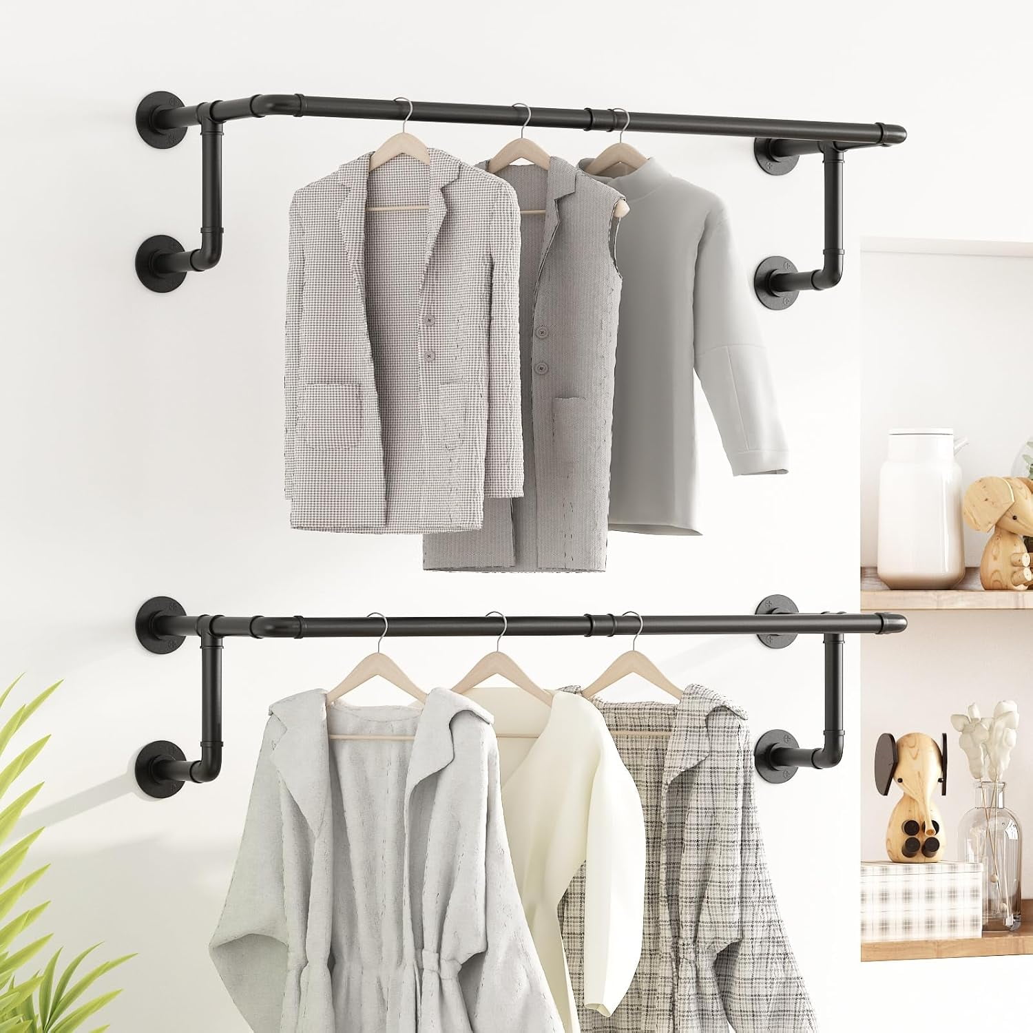 Industrial Pipe Clothes Racks 2 Pack, Black Pipe Wall Mounted Clothing ...