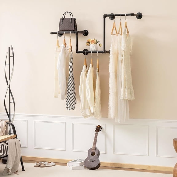 Industrial Pipe Clothing Rack with 2 Floating Shelves, 3 Hanging Rods Wall Mounted Garment Rack, Heavy Duty Iron Clothes Bar, Space-Saving Clothing Hanging Rails for Closet (3 hanging rods 2 shelves)