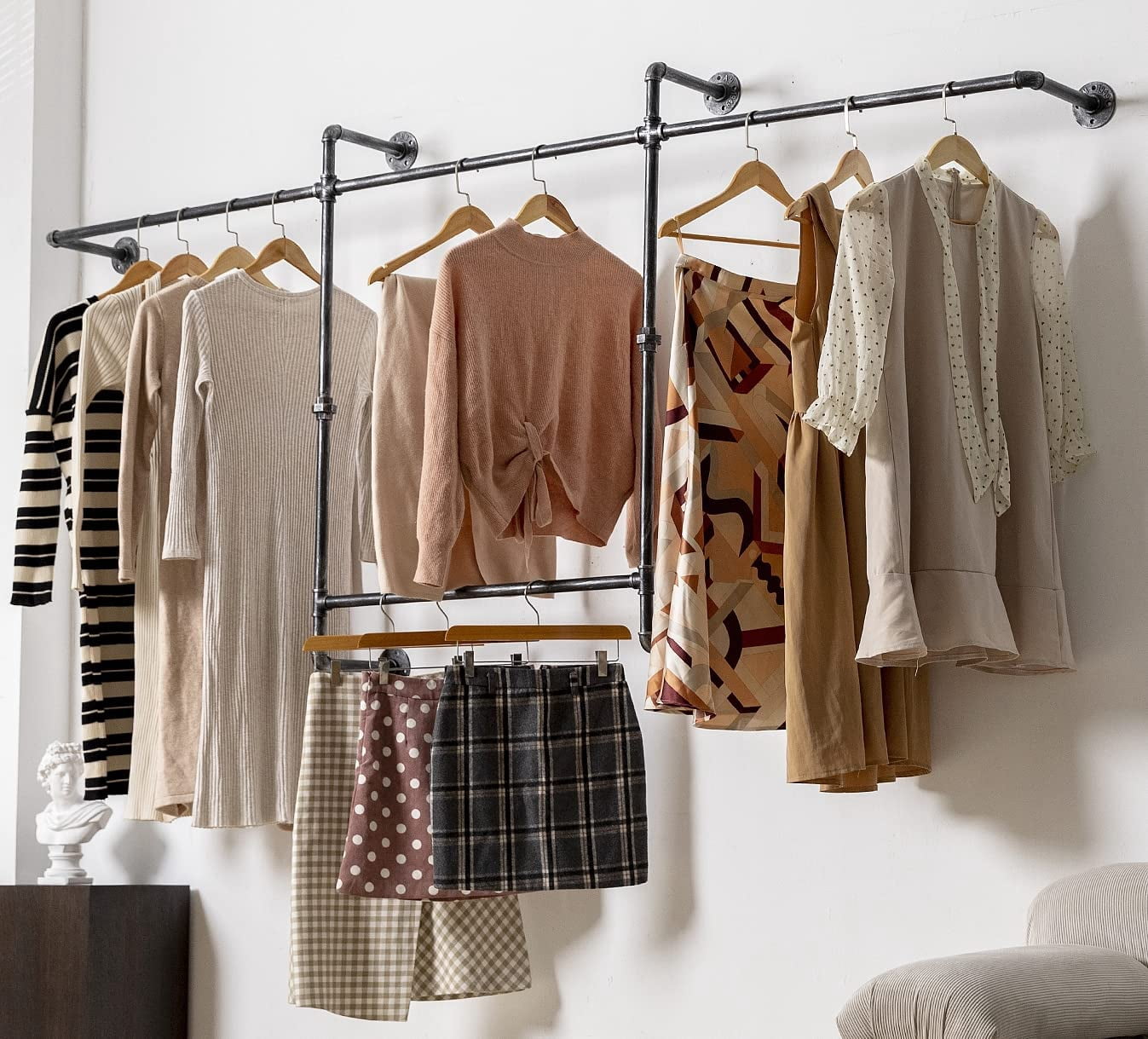 Industrial Pipe Clothing Rack with 2 Floating Shelves, 4 Hanging Rods ...