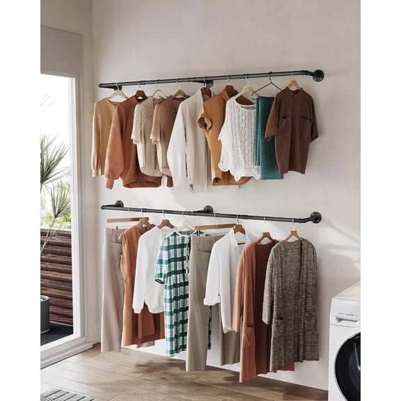 Industrial Pipe Clothing Rack 2 Pack, Wall Mounted Heavy Duty Garment Rack for Closet Storage, Black