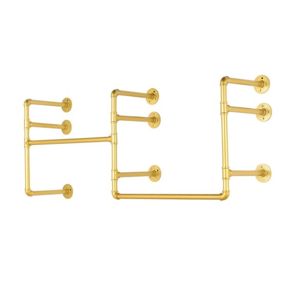 Industrial Pipe Clothing Rack with 2 Tier Shelves, Gold Wall Mounted Clothes Rack Heavy Duty Display Garment Rack, Retail Display Clothes Rod for Clothes, Laundry Room