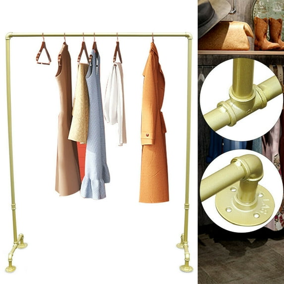 Industrial Pipe Clothing Rack Gold Garment Display Rack Vintage Commercial Grade Pipe Clothes Racks, Heavy Duty Metal Rack for Hanging Clothes Retail Display Garment Rack Metal Clothes Storage Shelf