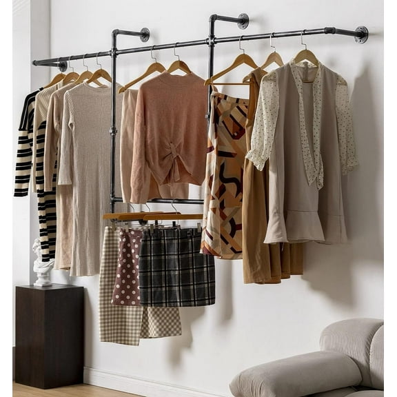 Industrial Pipe Clothing Rack, Hanging Garment Rack, Wall Mounted Pipe Clothes Rack with Four Hanging Rods, Heavy Duty Garment Rack, Industrial Steampunk Closet Organizer Hall Tree