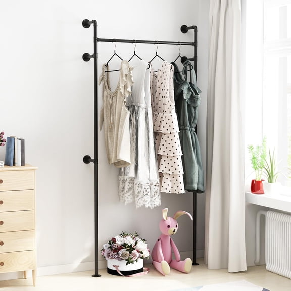 Industrial Pipe Clothing Rack, Heavy Duty Clothes Rack for Hanging Clothes, Wall Mounted Display Garment Rack for Home Retail Boutique (Single, Black)