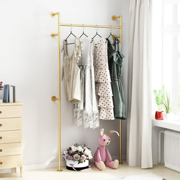 Industrial Pipe Clothing Rack, Heavy Duty Clothes Rack for Hanging Clothes, Wall Mounted Display Garment Rack for Home Retail Boutique (Single, Gold)