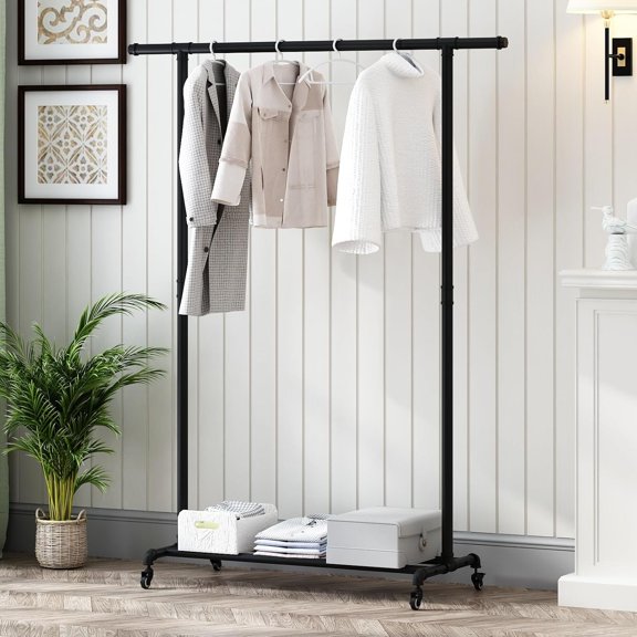 Industrial Pipe Clothing Rack, Heavy Duty Metal Clothes Rack With Wheels, Rolling Garment Rack with Bottom Shelf for  Boutique Use (Black)