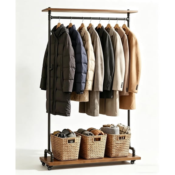 Industrial Pipe Clothing Rack Heavy Duty Wood Garment Rack Rolling Clothes Organizer Rod Rack With Shelves Wheels Hangers Holder Box For Retail Bedroom Laundry Room, Black